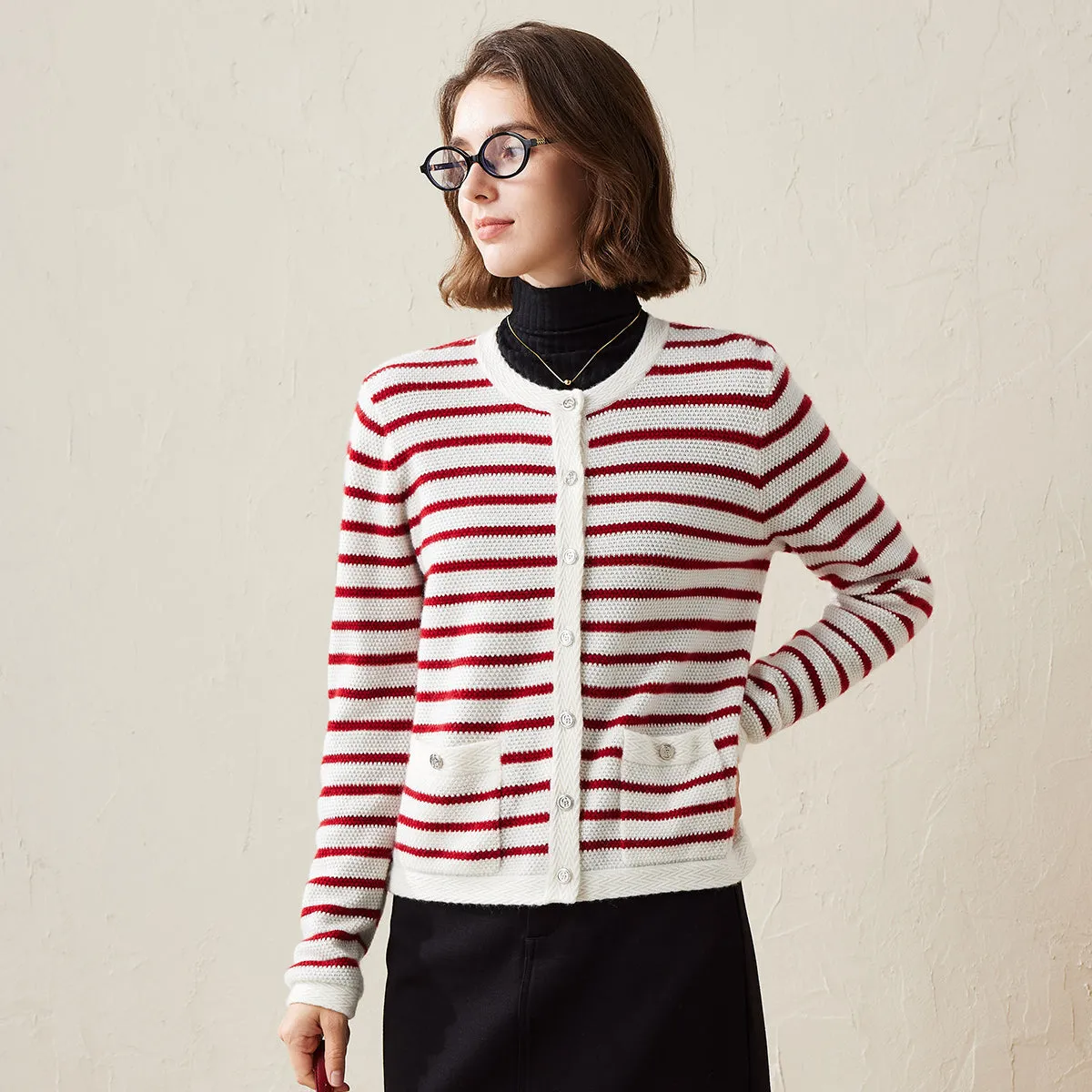 100% Cashmere Striped Button-Up Cardigan