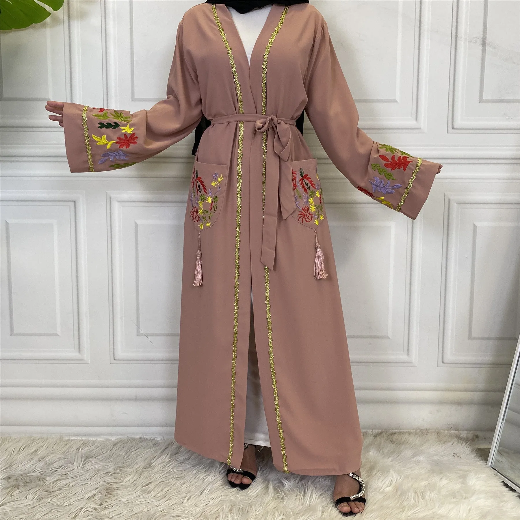 1870 embroidery muslim abaya cardigan dress