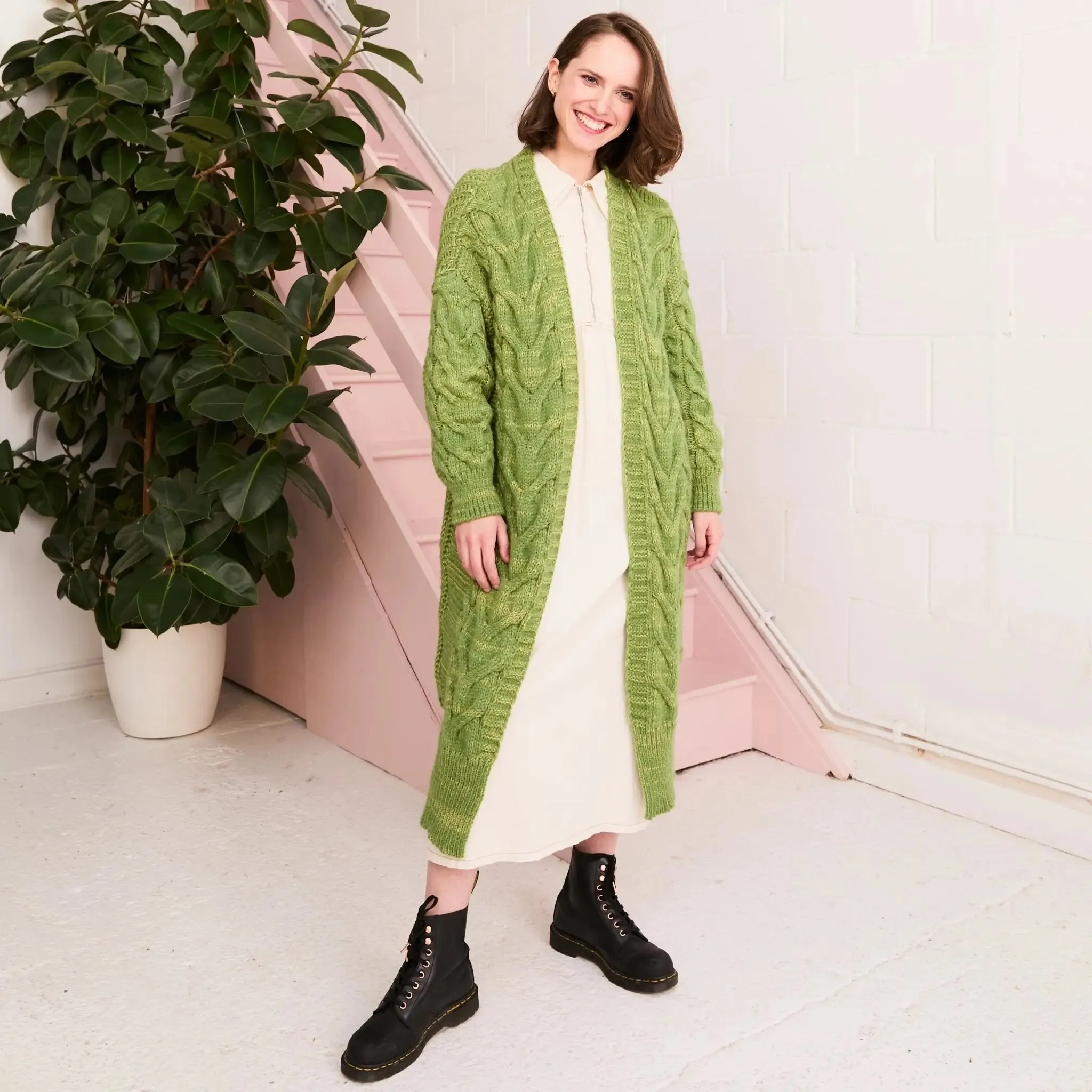 Alex Cable Longline Balloon Sleeve Cardigan - Green