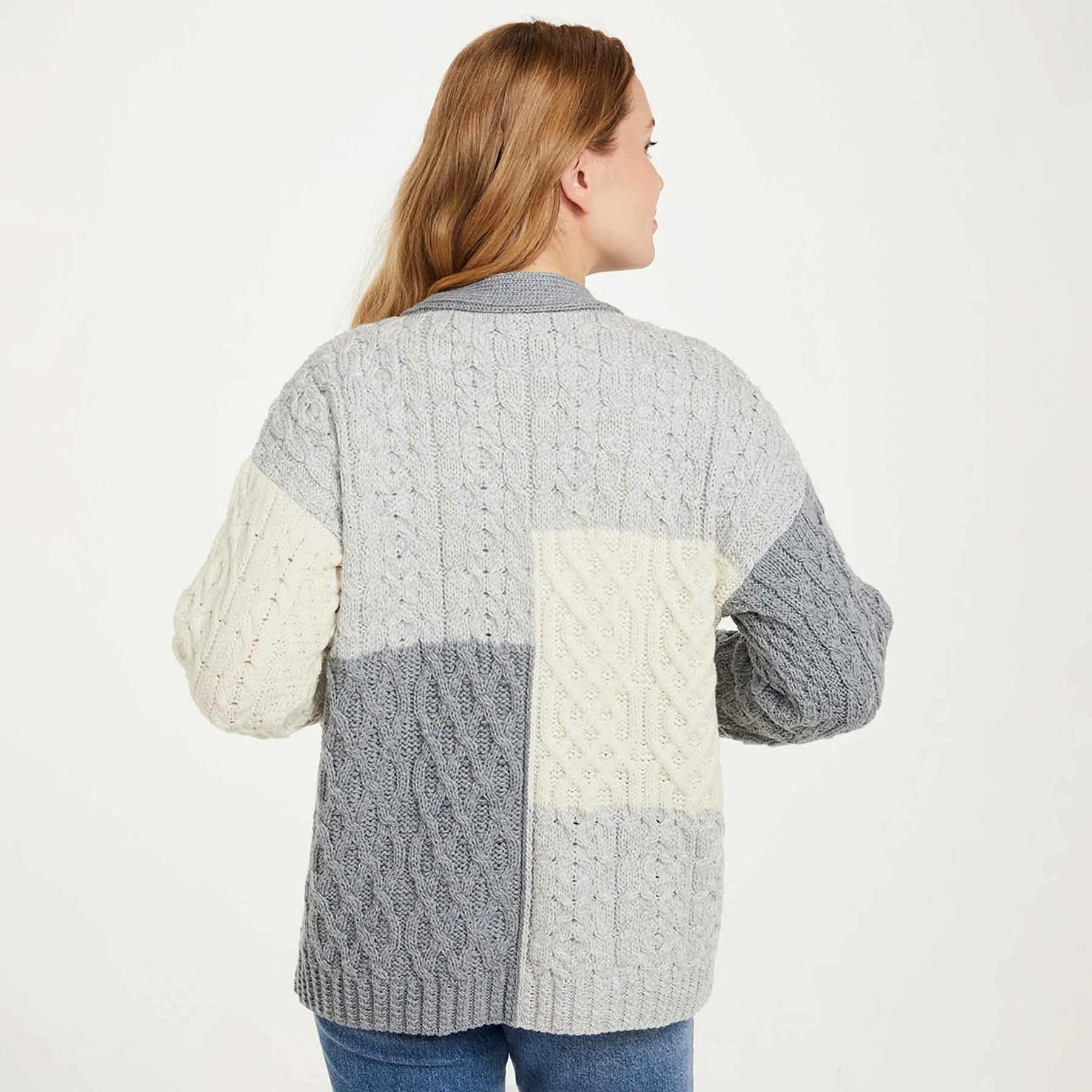 Aran Knit Patchwork Cardigan- Blue, Grey, White