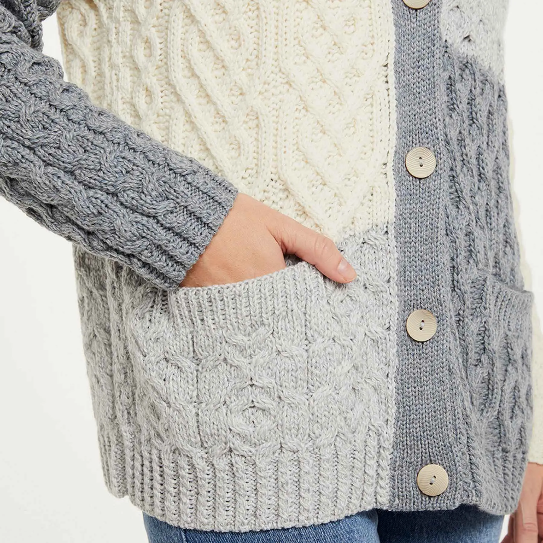 Aran Knit Patchwork Cardigan- Blue, Grey, White