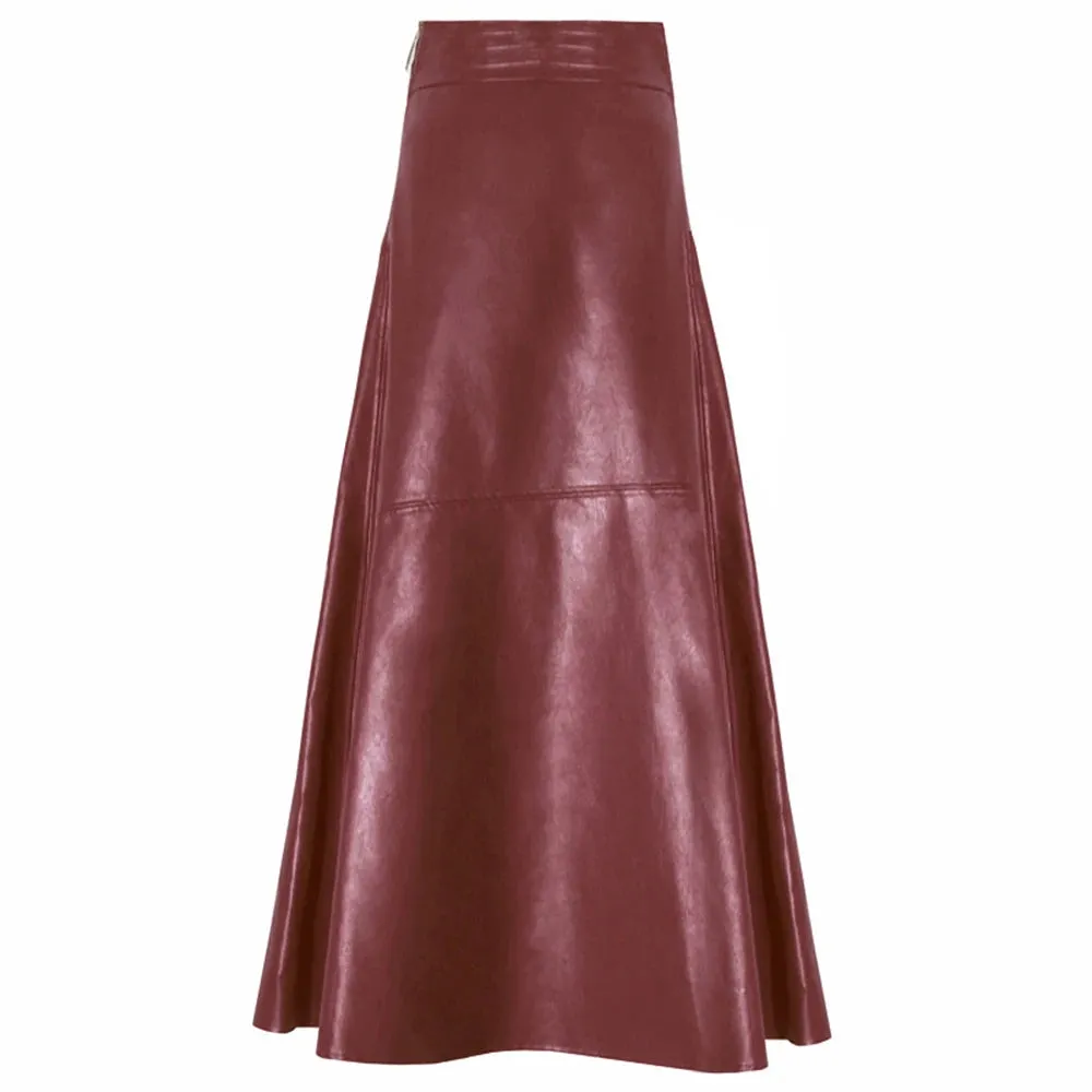 Autumn Fashion Solid PU Leather Skirt For Women High Waist Solid Minimalist Midi A Line Skirts Female Clothing