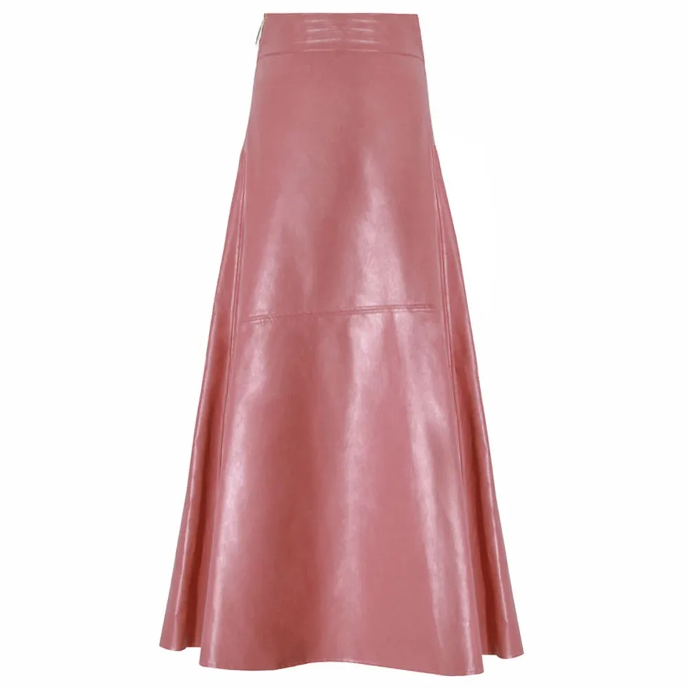 Autumn Fashion Solid PU Leather Skirt For Women High Waist Solid Minimalist Midi A Line Skirts Female Clothing