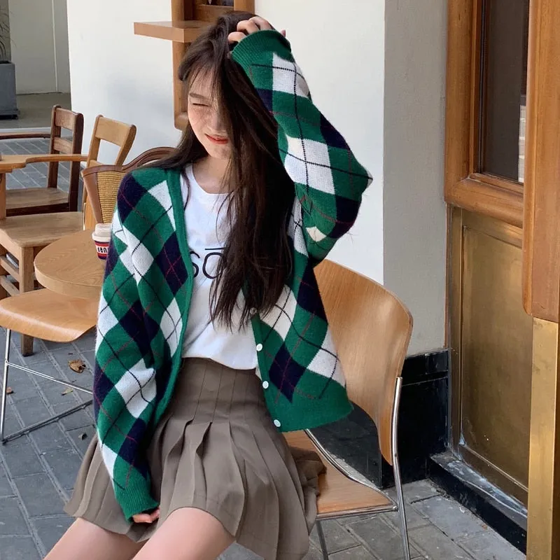 Autumn Women Argyle Knitted Cardigan Fashion Plaid Long Sleeve Casual V Neck Sweater Loose Green Korean Short Jacket