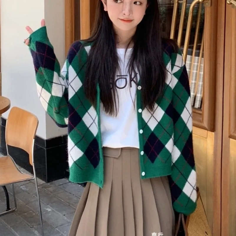 Autumn Women Argyle Knitted Cardigan Fashion Plaid Long Sleeve Casual V Neck Sweater Loose Green Korean Short Jacket