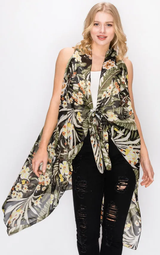 AV397 Floral Printed Scarf Long Vest