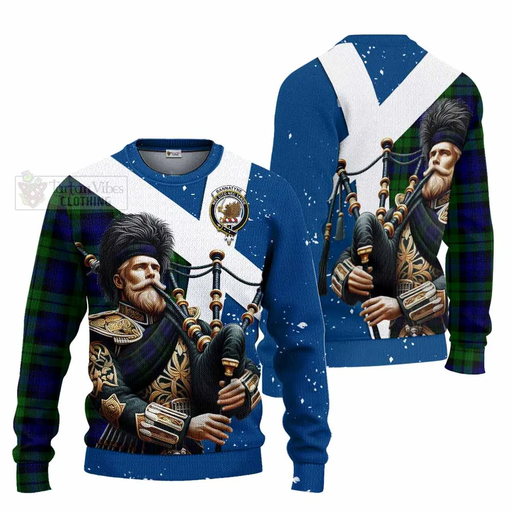 Bannatyne Tartan Knitted Sweater with Family Crest Scottish Bagpiper Vibes