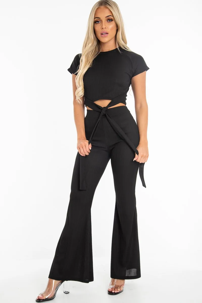 Black Bandage Rib Tie Waist T-Shirt Trousers Co-Ord - Kalise