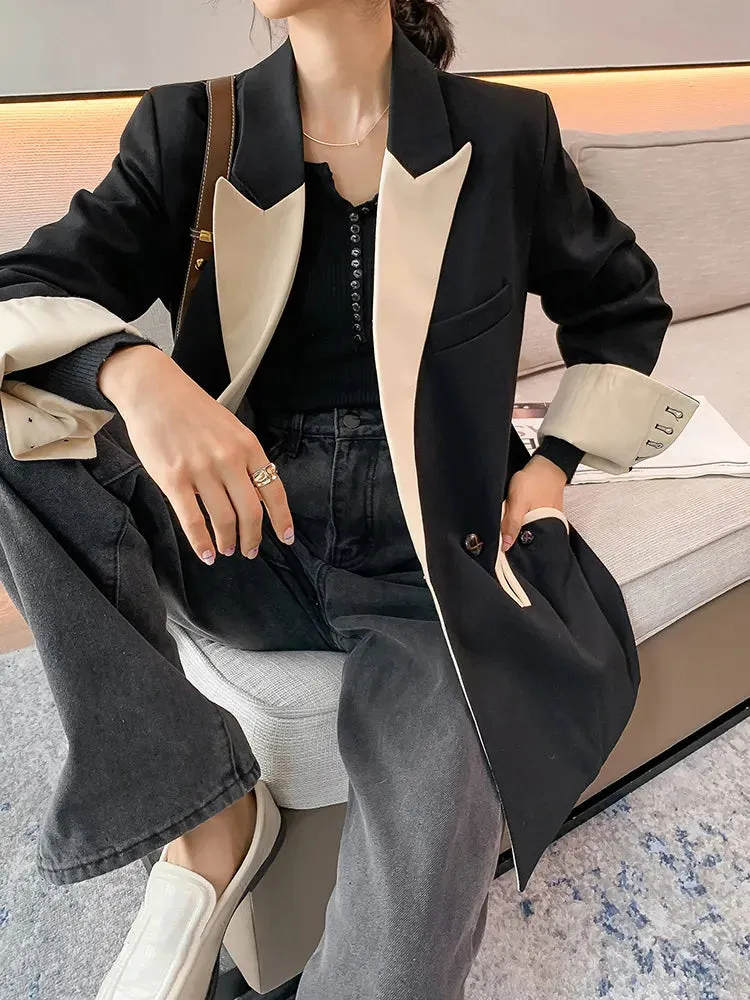 Black Blazers For Women Notched Long Sleeve Loose Patchwork Pocket Temperament Blazer Females Autumn Clothing