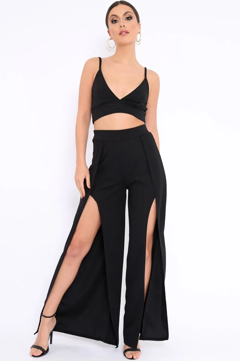 Black Bralet and Split Front Wide Trousers Co-ord - Alesana