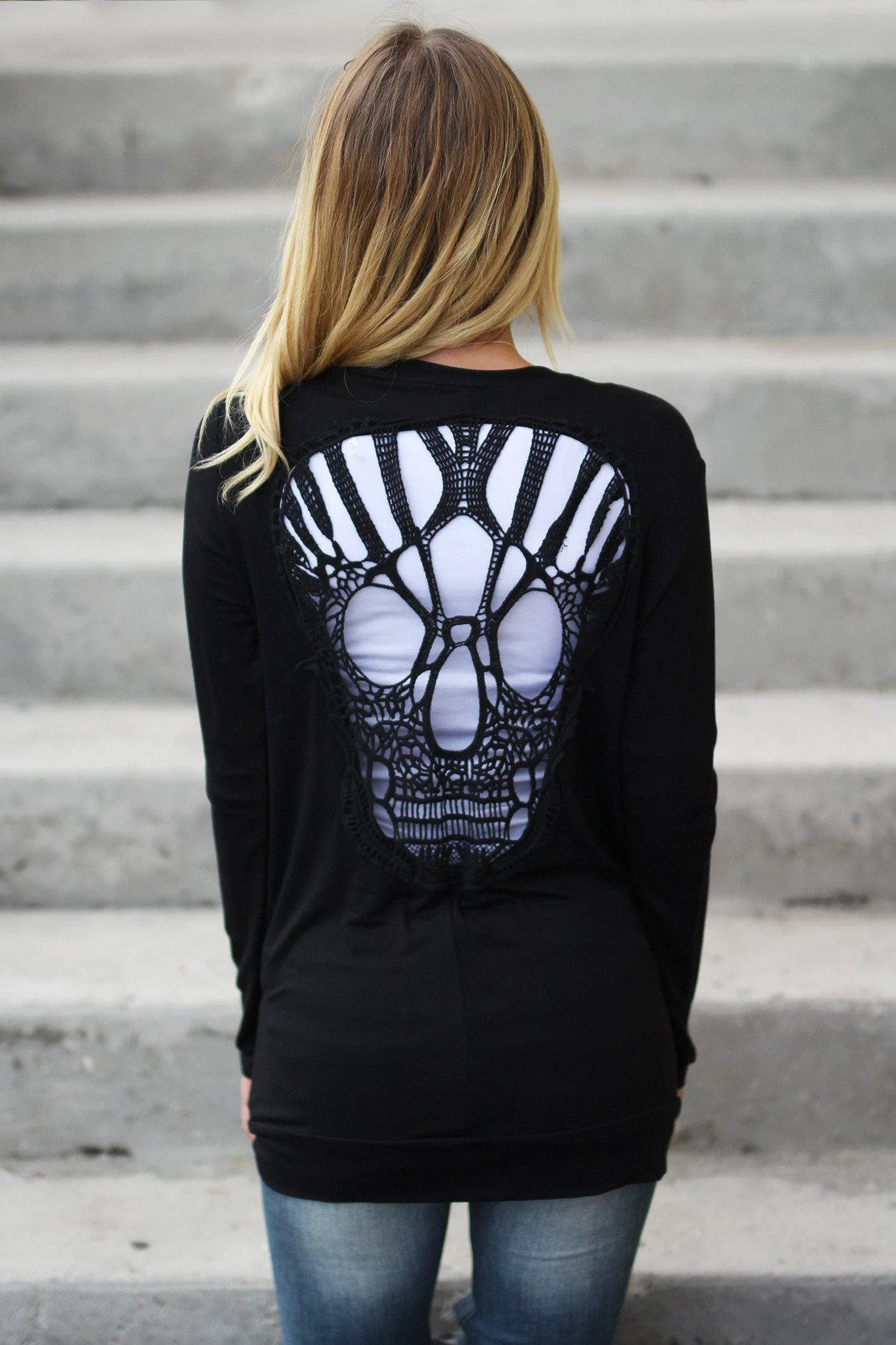 Black Cardigan With Crochet Back Skull