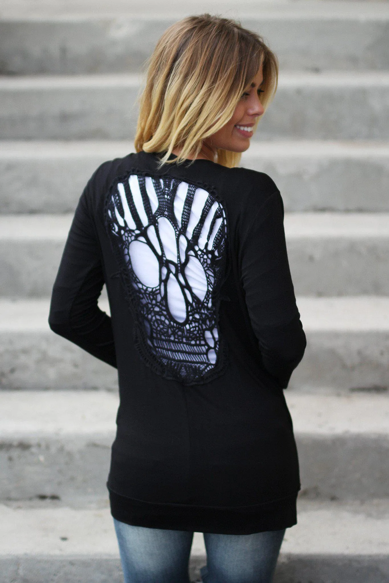 Black Cardigan With Crochet Back Skull