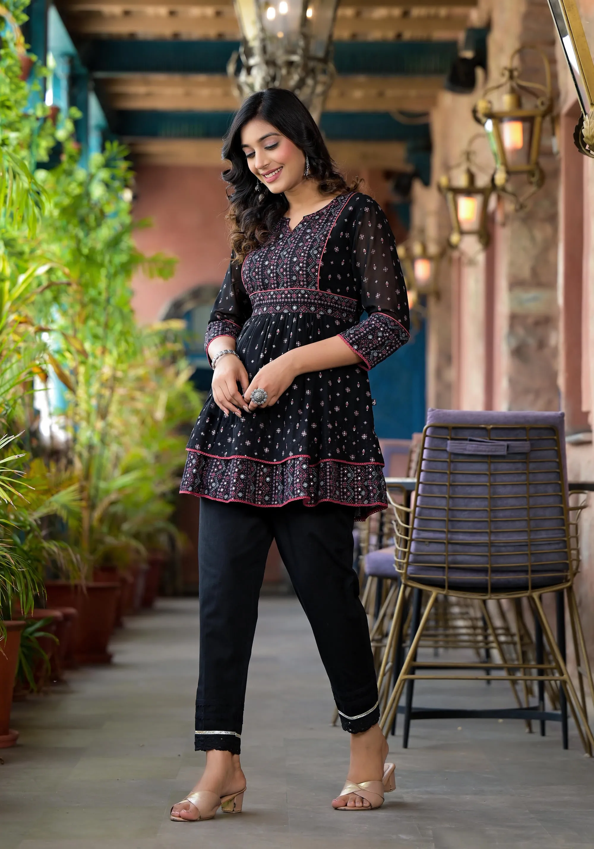 Black Ethnic Motif Printed Georgette A Lined Tunic