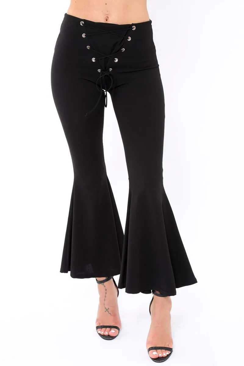 Black Flare Trousers with Lace Up Front - Gaby