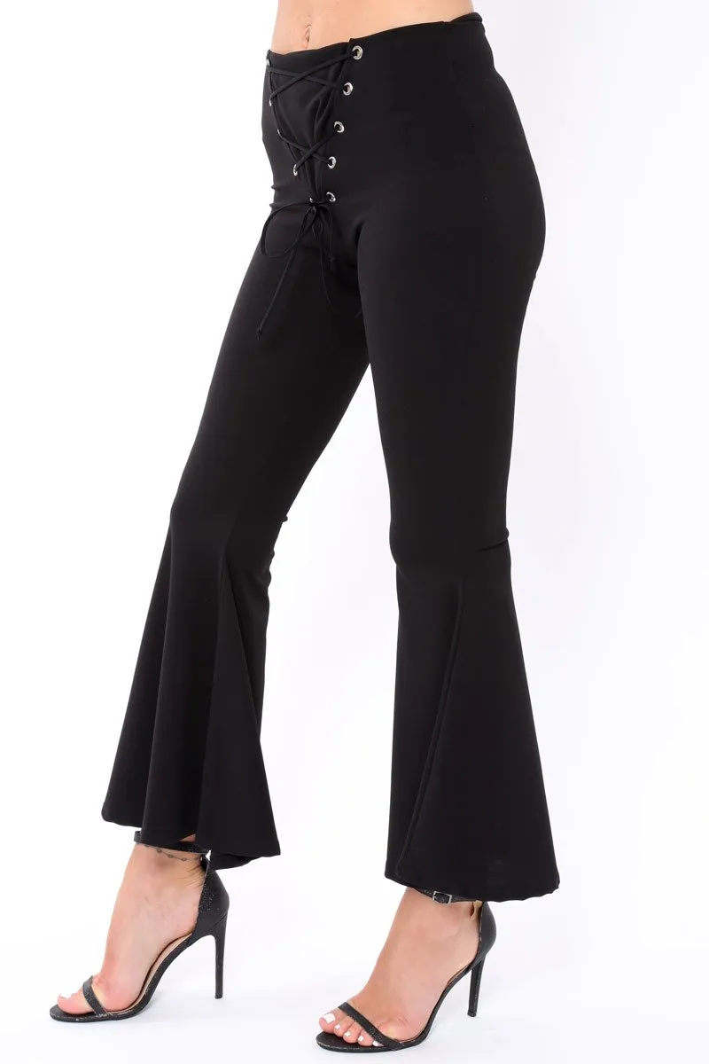 Black Flare Trousers with Lace Up Front - Gaby