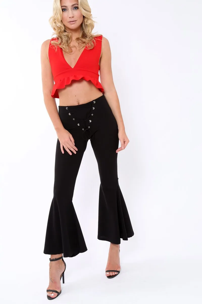 Black Flare Trousers with Lace Up Front - Gaby