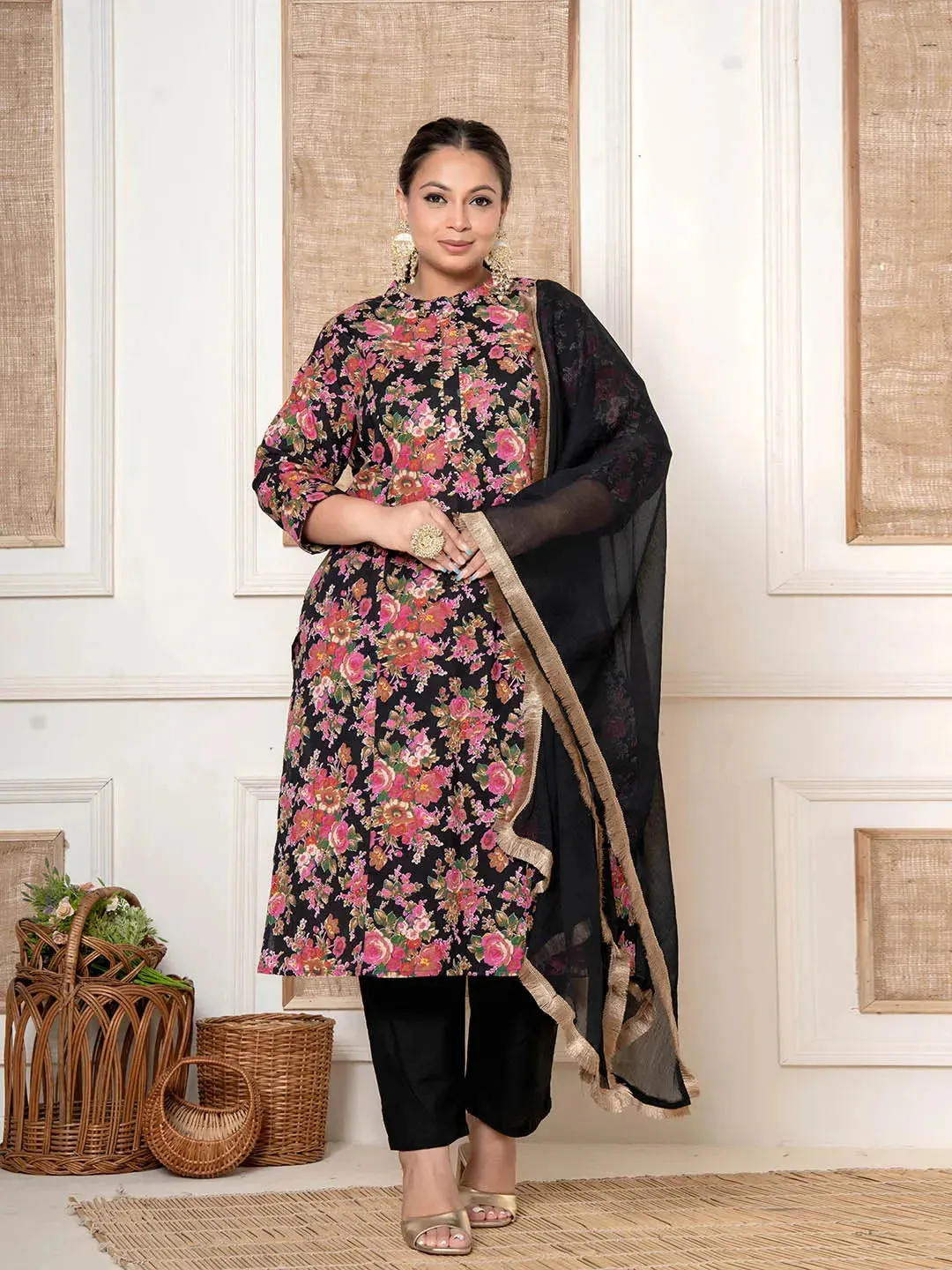 Black Kantha_Work Cotton Plus Size Kurta And Pant With Dupatta Set