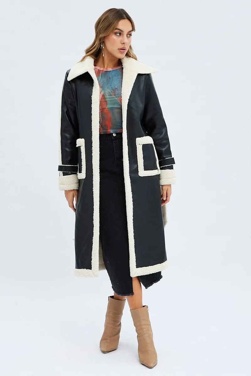 Black Long Coat Shearling Lined Faux Leather