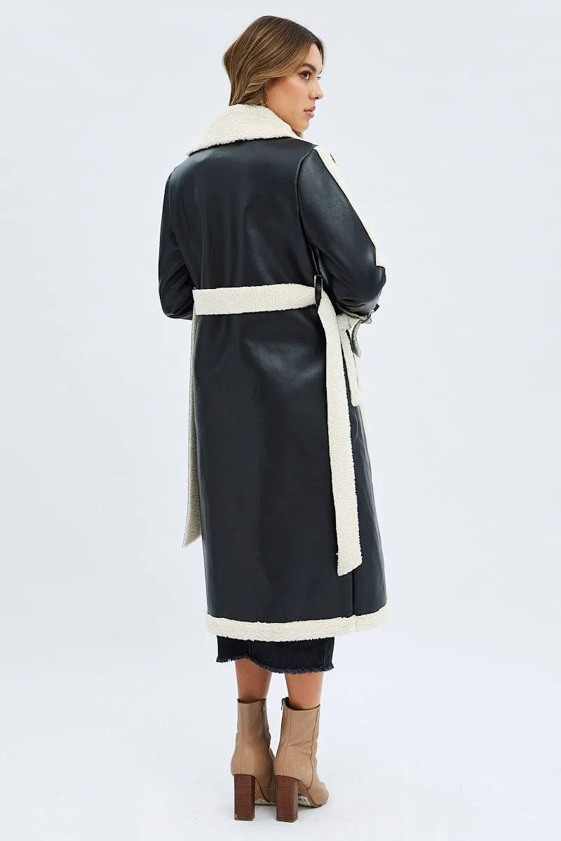 Black Long Coat Shearling Lined Faux Leather