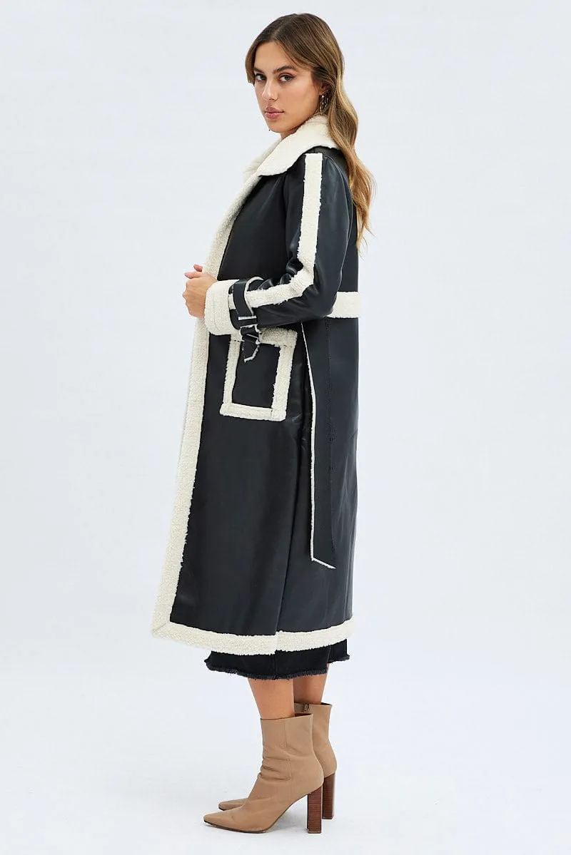 Black Long Coat Shearling Lined Faux Leather