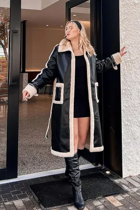 Black Long Coat Shearling Lined Faux Leather