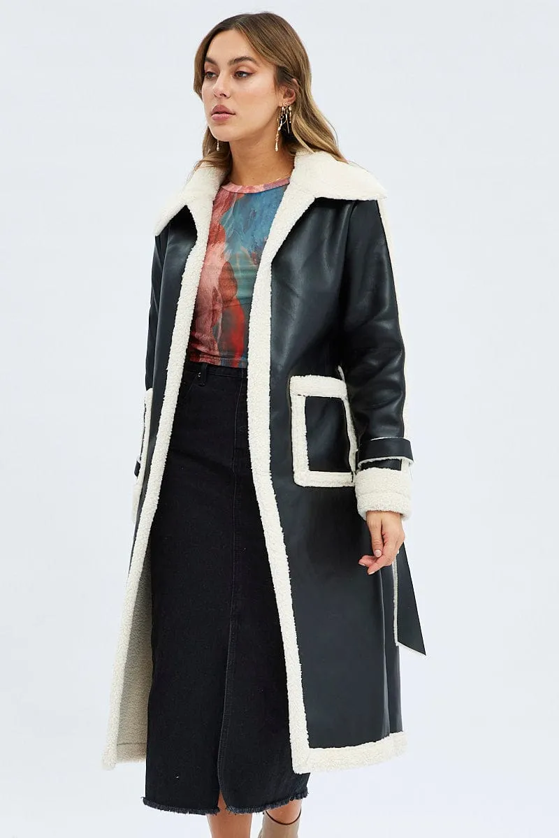 Black Long Coat Shearling Lined Faux Leather