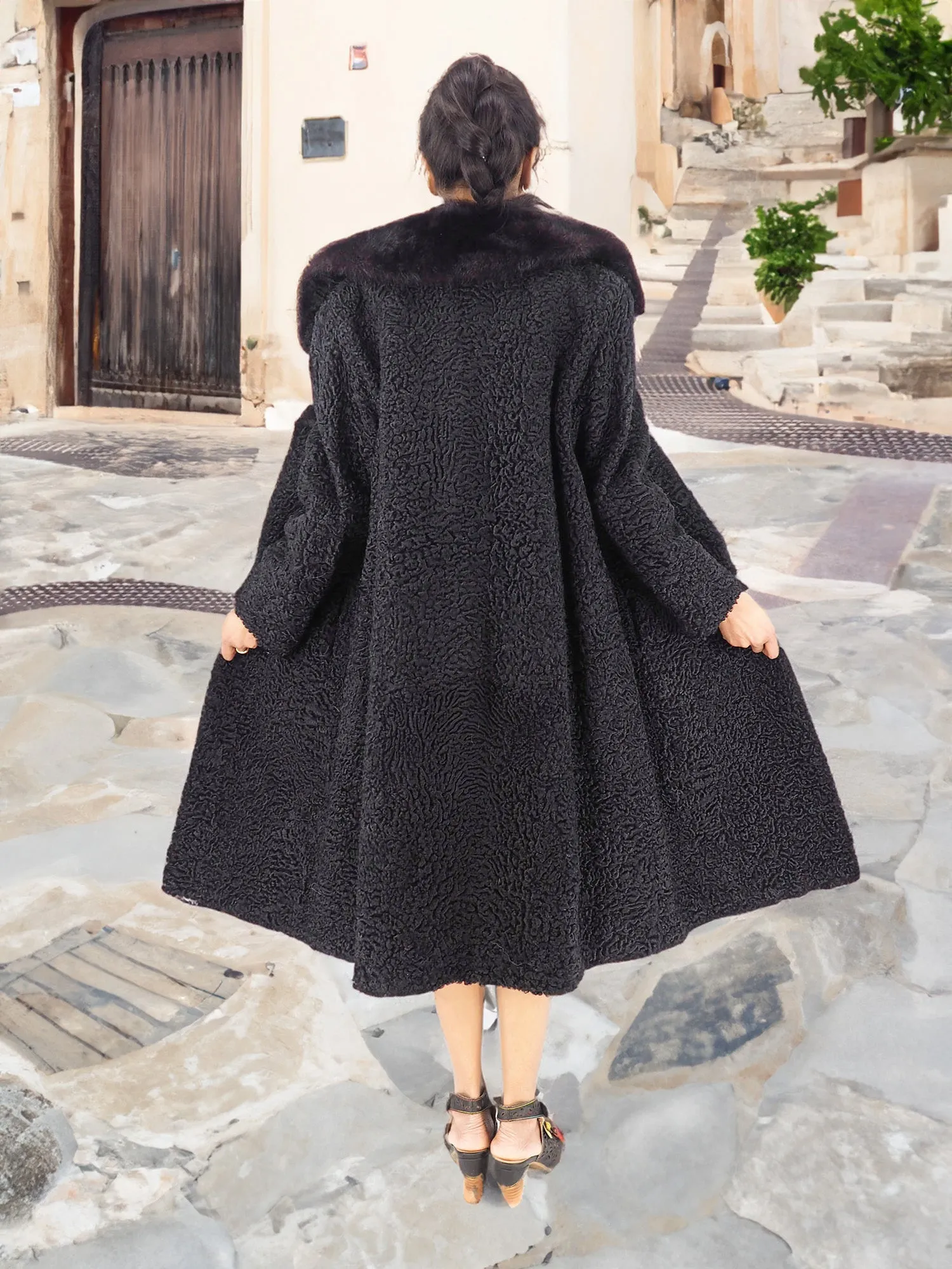 Black Persian Lamb Curly Lamb Coat With Mink Collar Excellent M/L