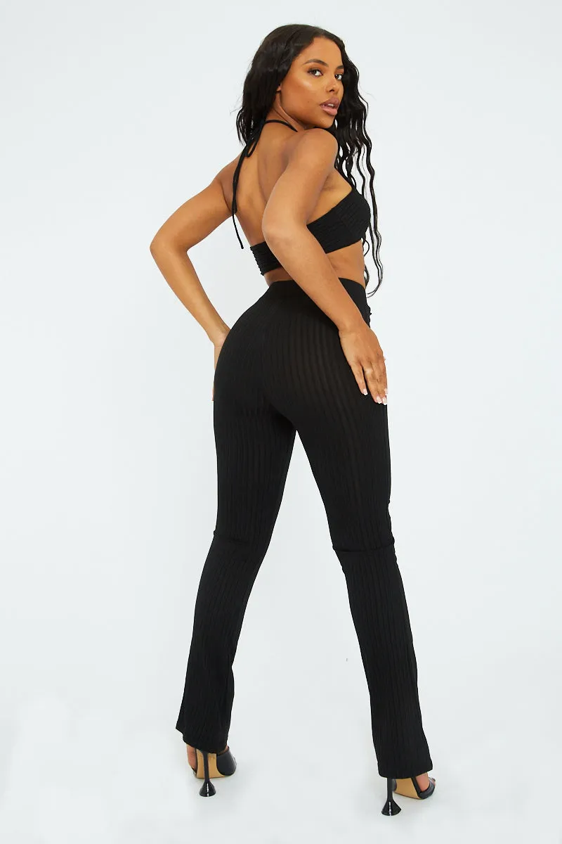 Black Rib Halter Neck Crop Top & Trouser Set - Bridget