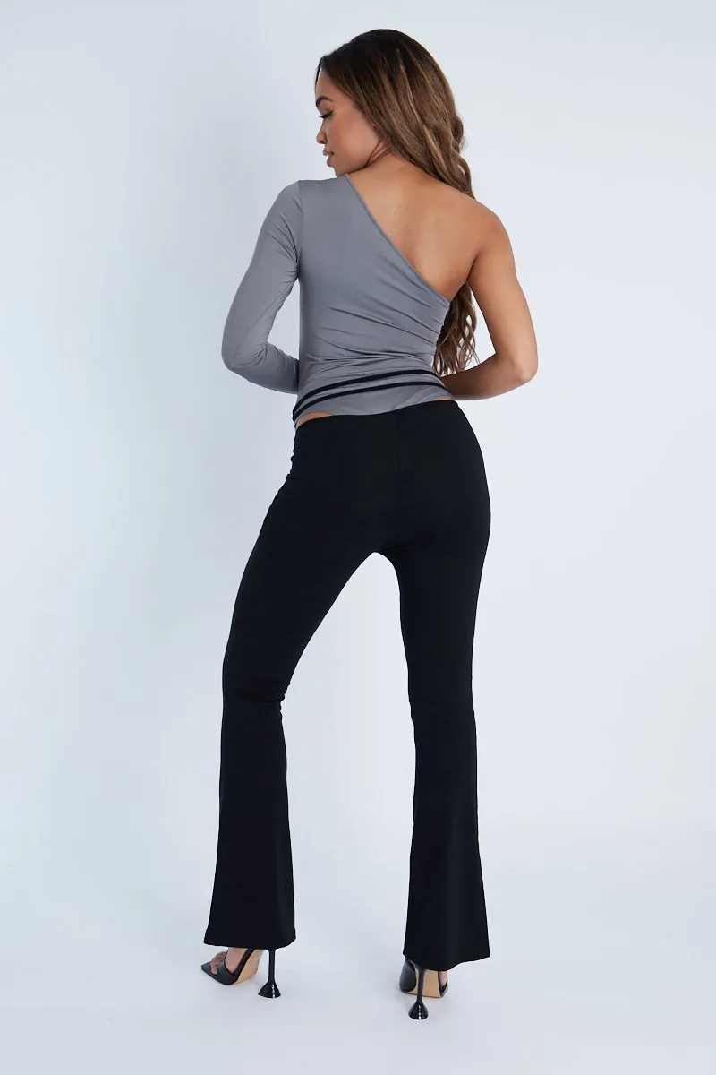 Black Ruched Waist Flare Trousers - Avanni