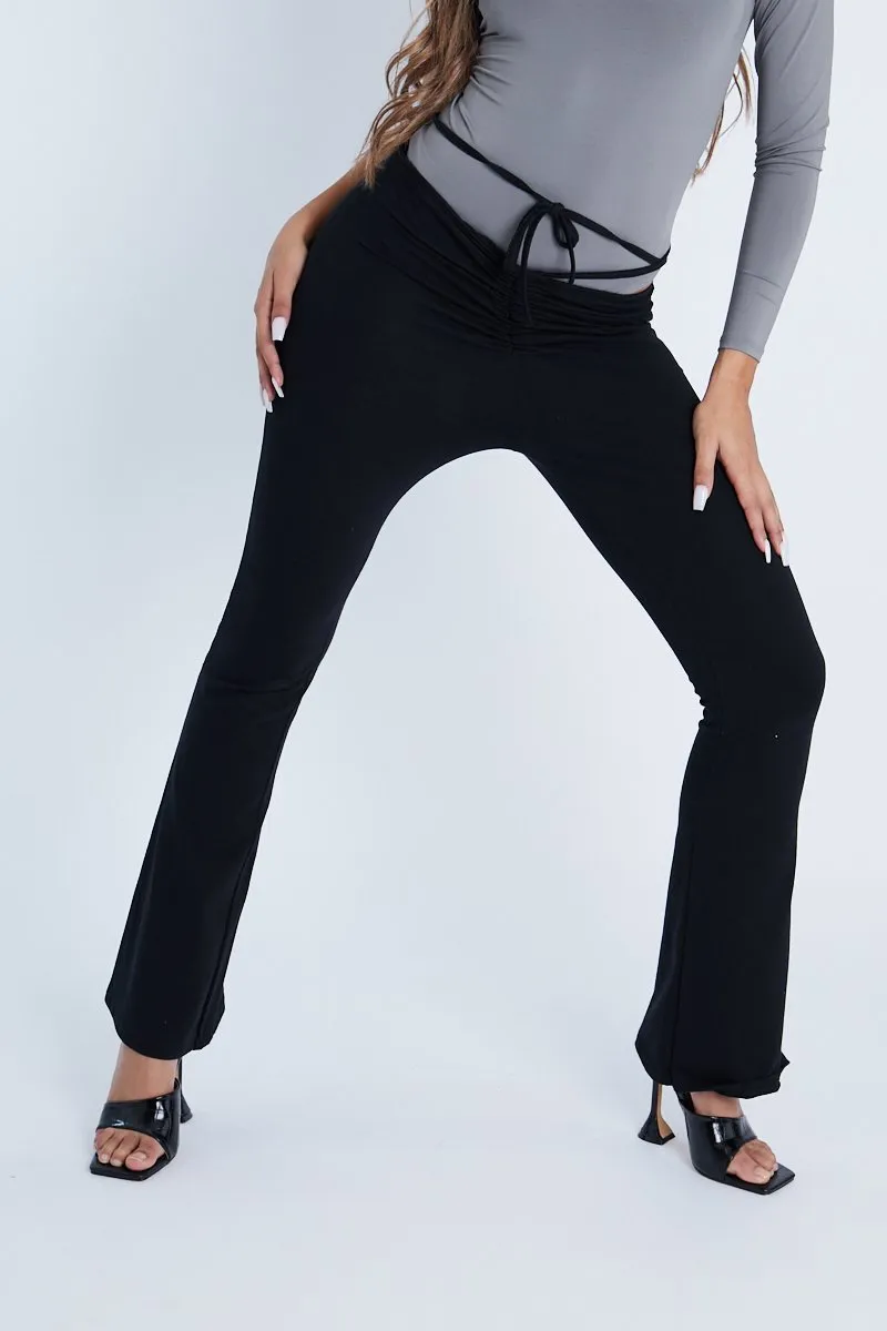 Black Ruched Waist Flare Trousers - Avanni