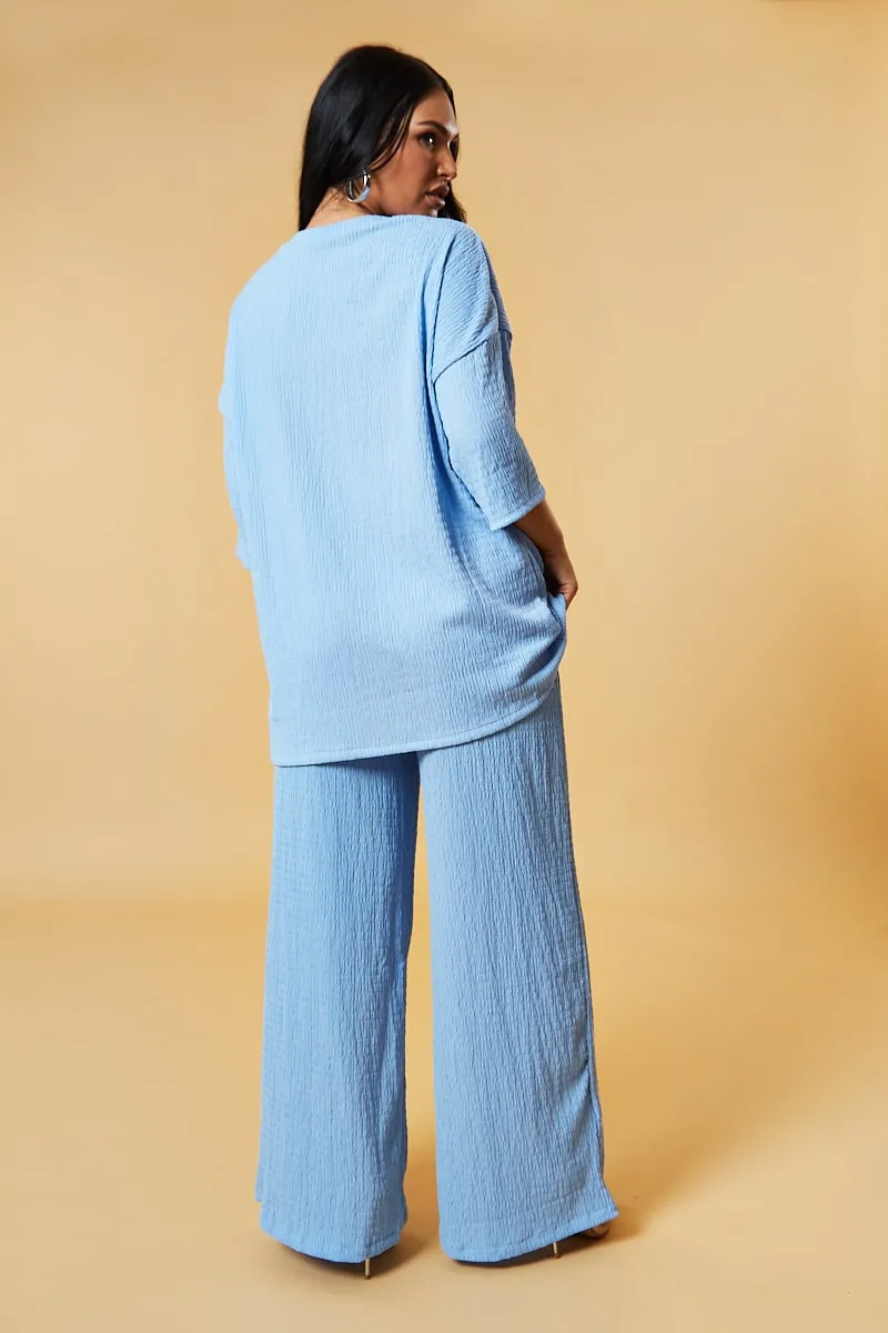 Blue Textured Knit Trousers & Oversized Top Co-ord Set - Cecelia