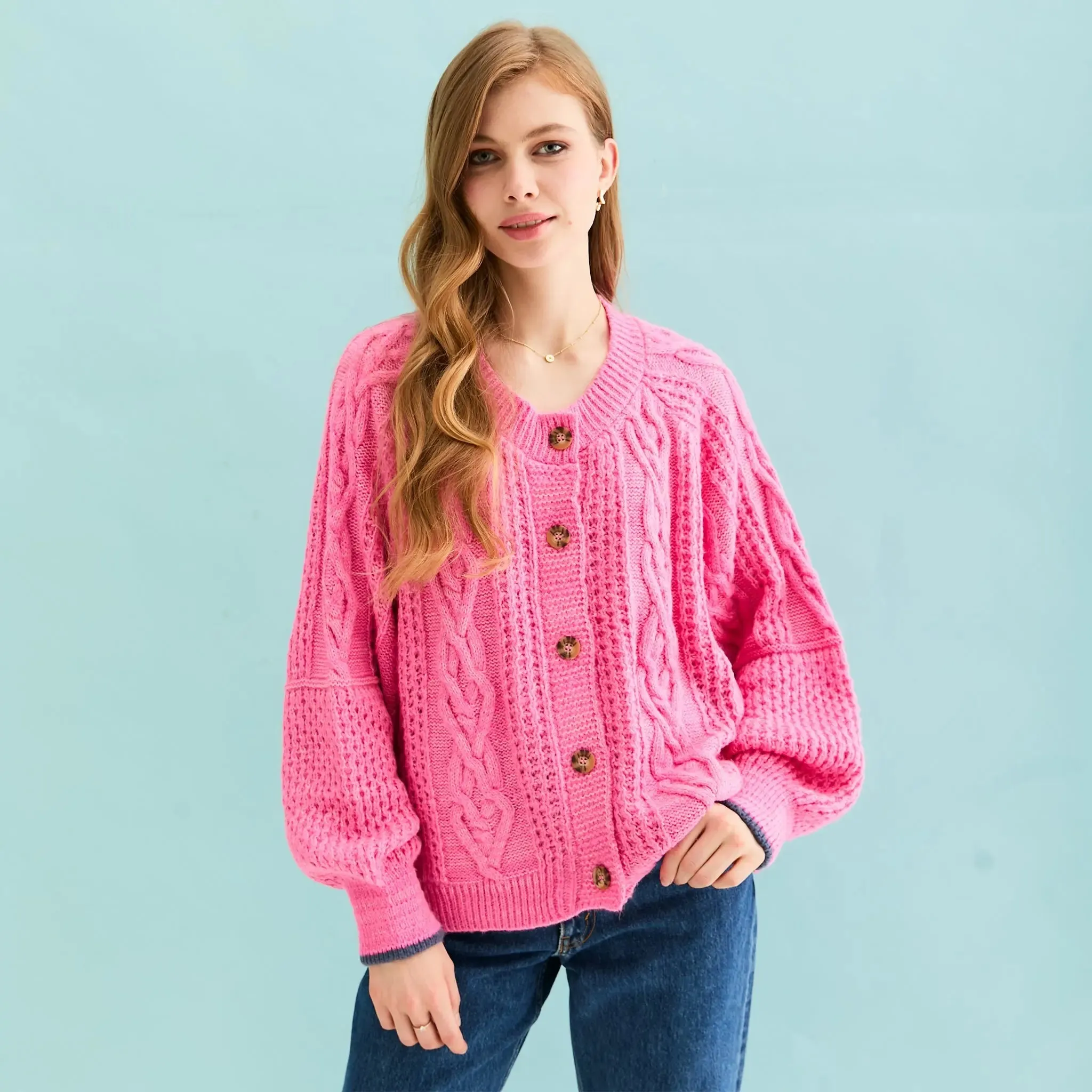 Brigit Heart Stitch Oversized Balloon Sleeve Cardigan - Pink