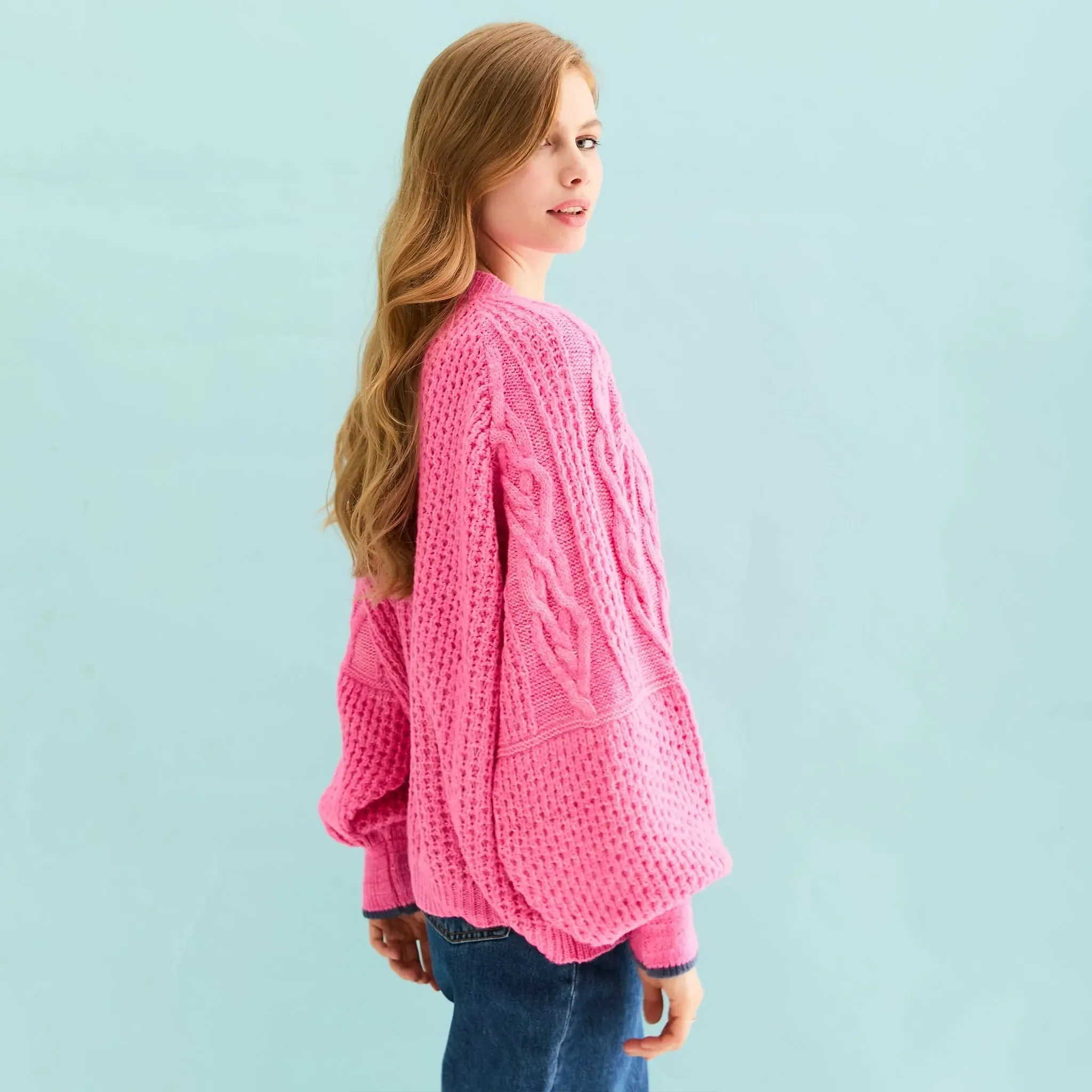 Brigit Heart Stitch Oversized Balloon Sleeve Cardigan - Pink