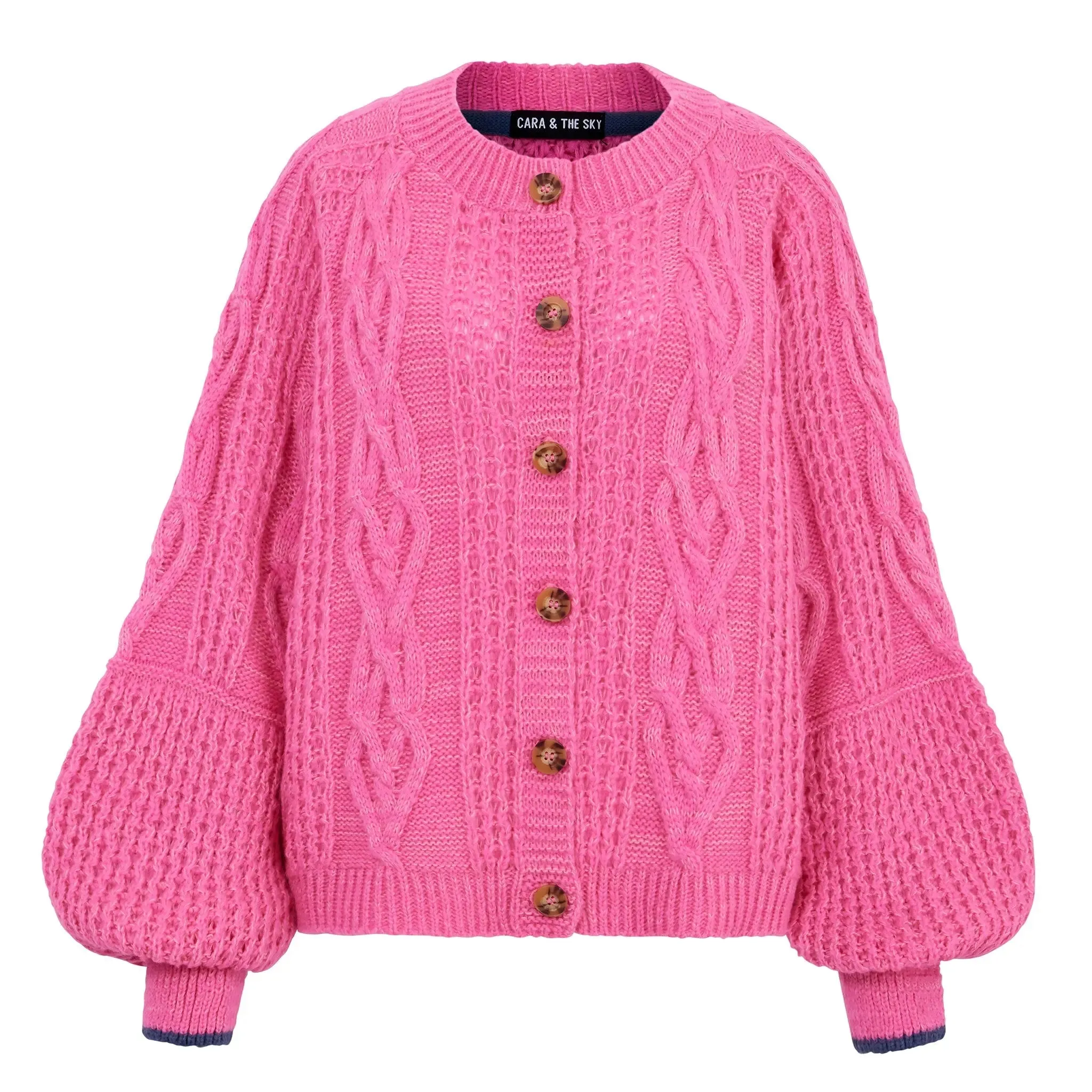 Brigit Heart Stitch Oversized Balloon Sleeve Cardigan - Pink