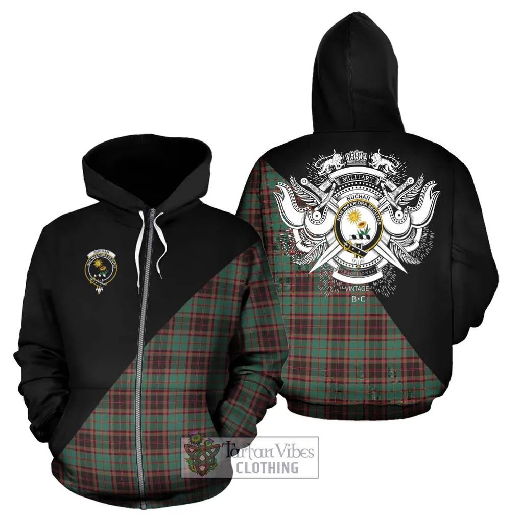 Buchan Ancient Tartan Hoodie with Family Crest and Military Logo Style