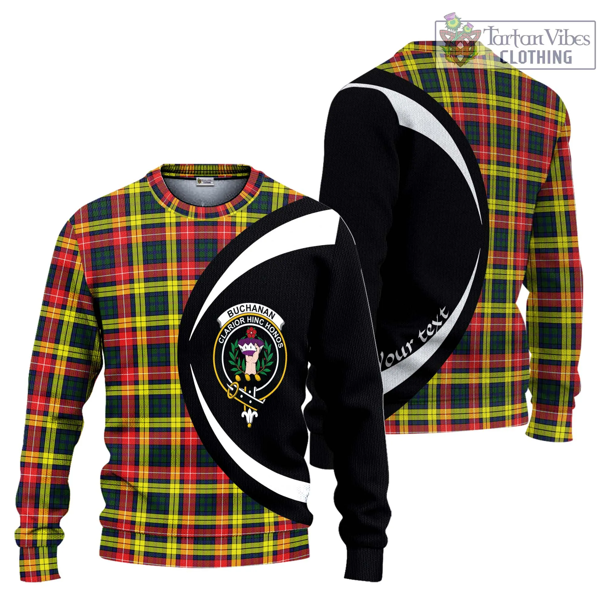 Buchanan Modern Tartan Ugly Sweater with Family Crest Circle Style