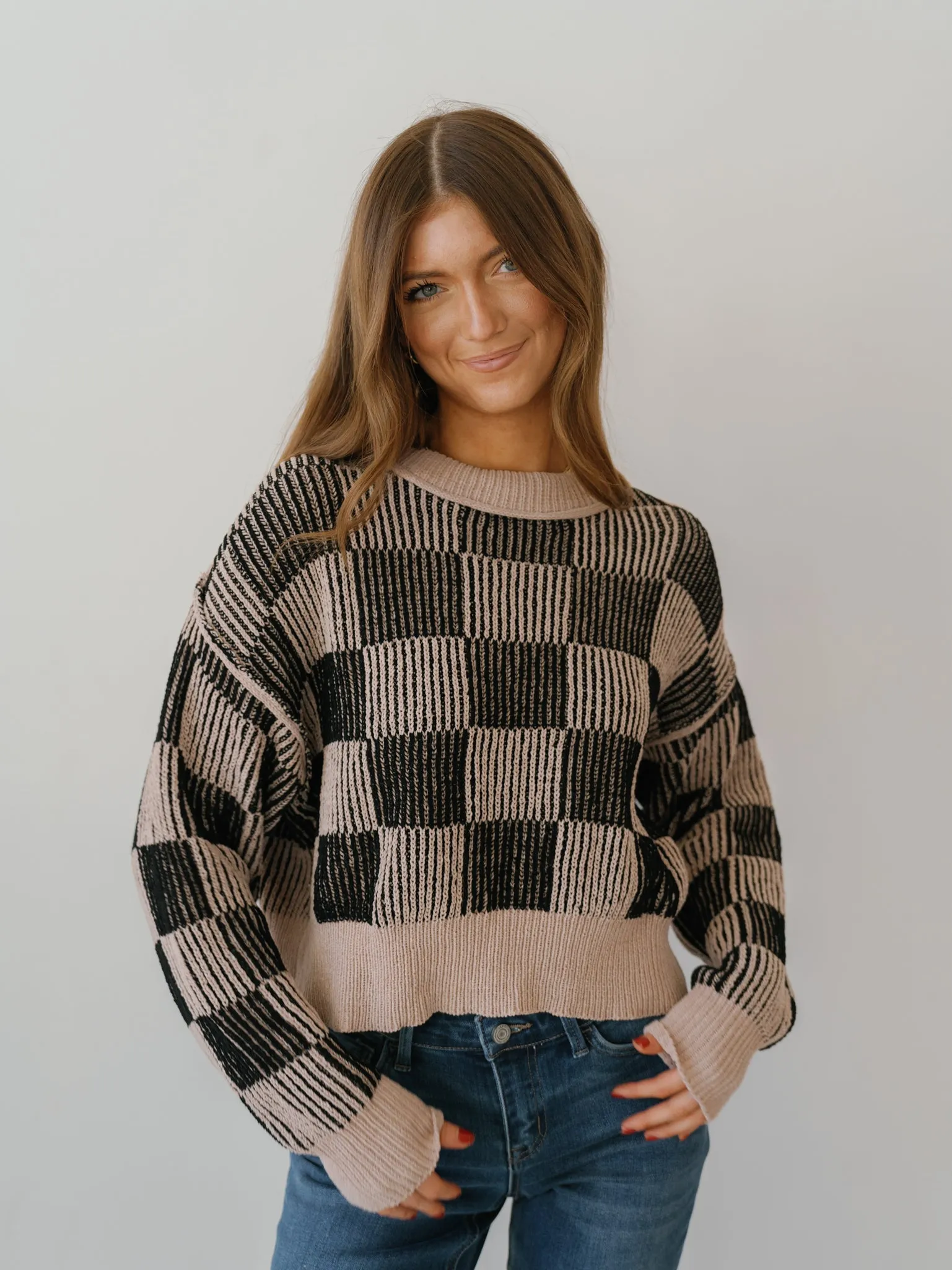 Calista Checkerboard Sweater - Beige/Black