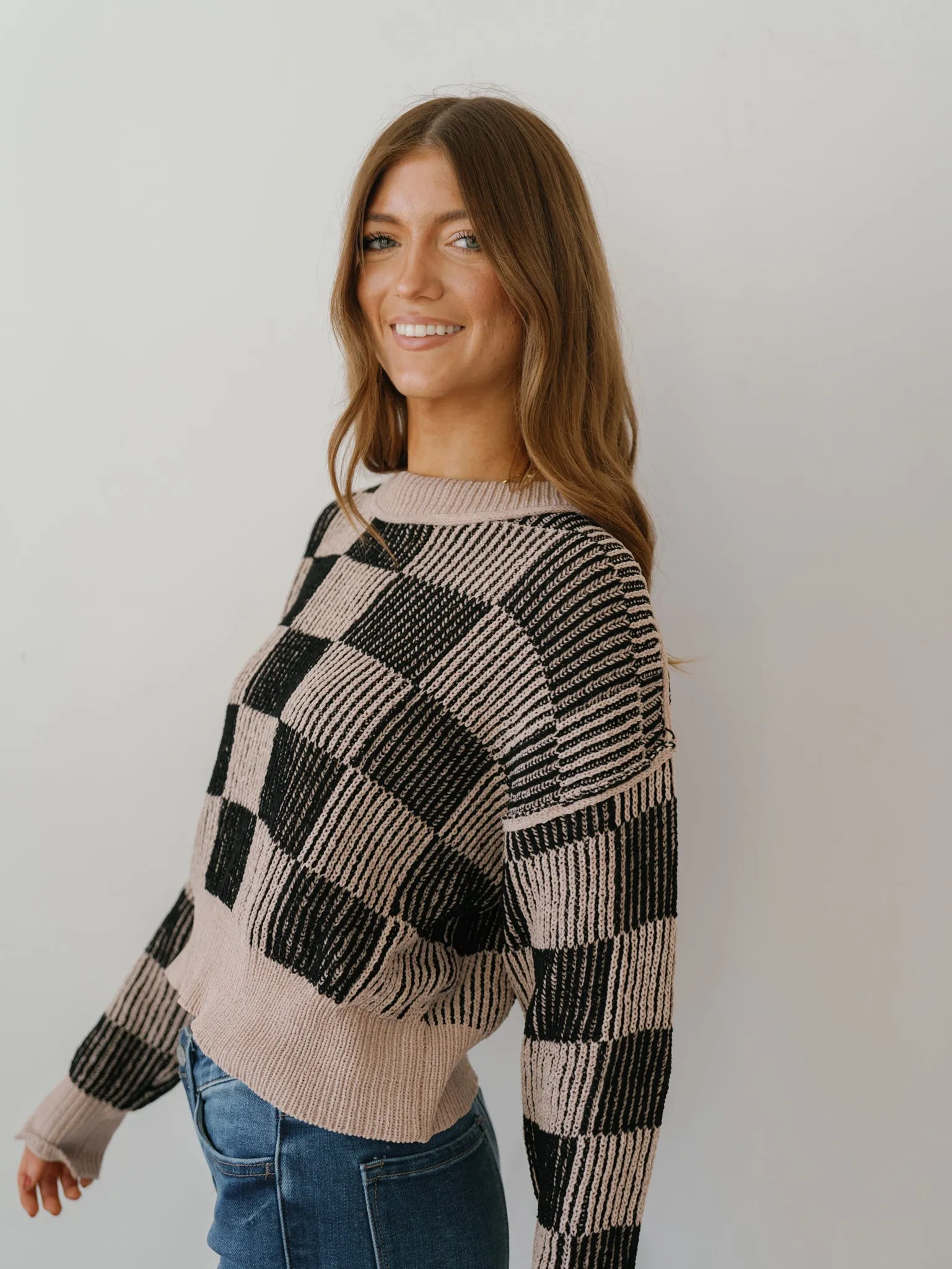 Calista Checkerboard Sweater - Beige/Black