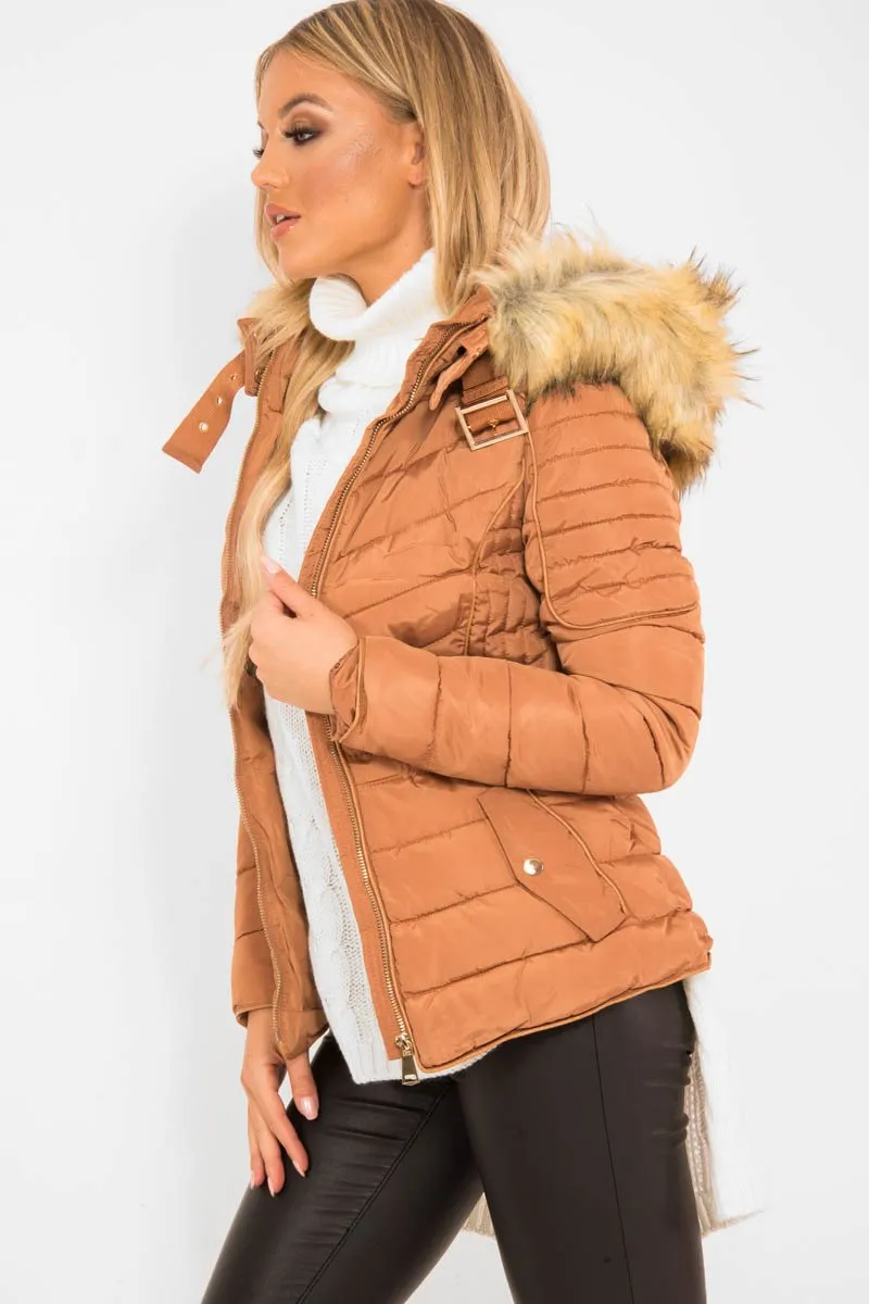 Caramel Faux Fur Hood Gold Detail Puffer Coat - Rylah