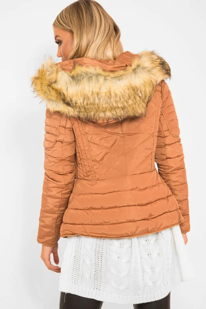 Caramel Faux Fur Hood Gold Detail Puffer Coat - Rylah