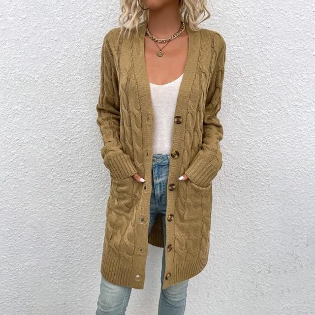 Casual Button-Down Open Front Cable Knit Cardigan