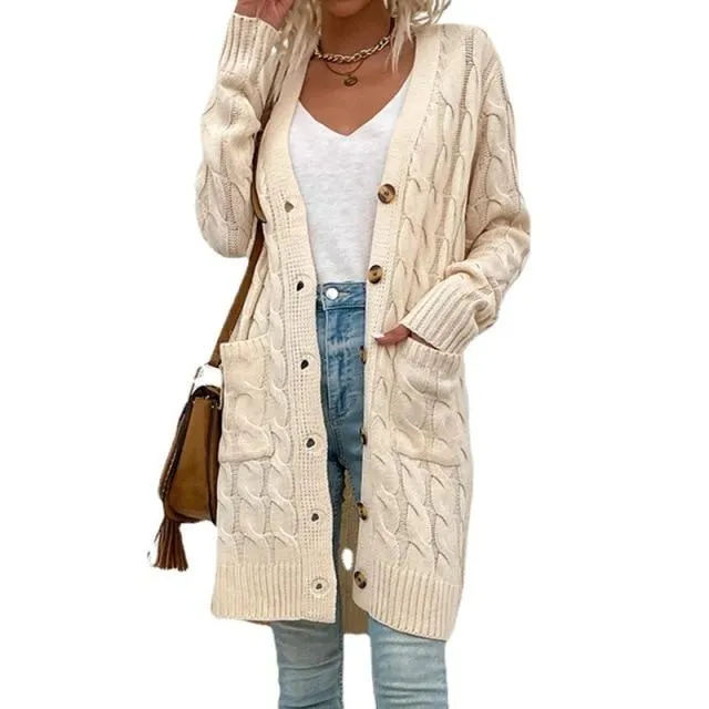 Casual Button-Down Open Front Cable Knit Cardigan