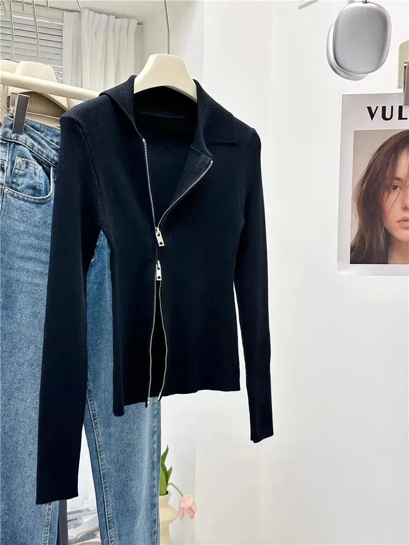 Casual Y2K Grunge Slim Knitted Sweater Cardigan Zipper Lapel Top Vintage High Strecth Slim Jumper Y2K Clothes C-243