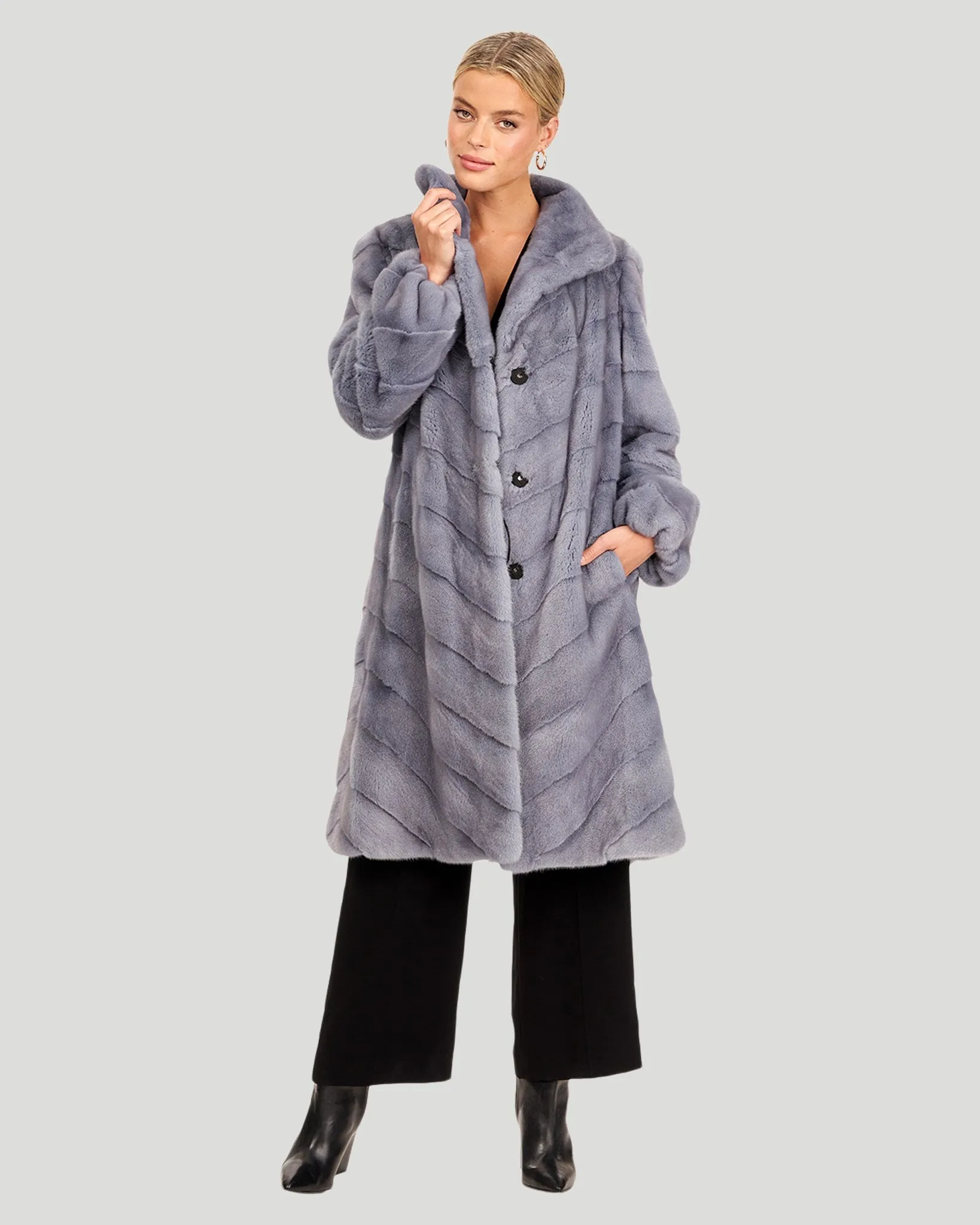 Chevron Mink Fur Midi Coat