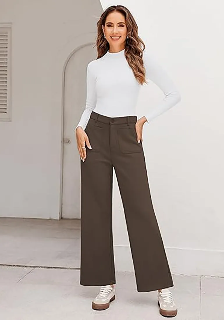 Chocolate Brown Women's  High Waist Relaxed Fit Wide Leg Cropped Length Style Casual Pants With Pockets