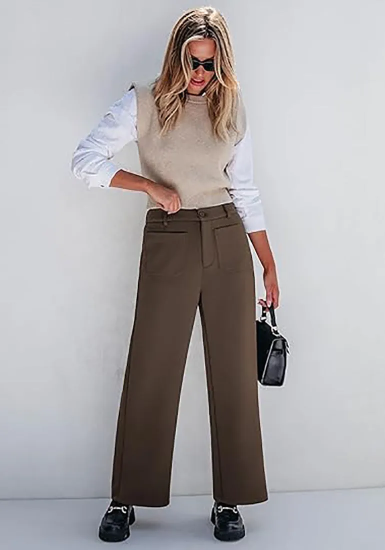 Chocolate Brown Women's  High Waist Relaxed Fit Wide Leg Cropped Length Style Casual Pants With Pockets