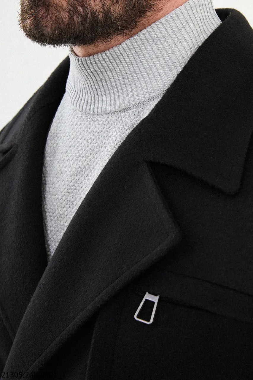 Classic Men's Black Belted Overcoat with Asymmetrical Button.