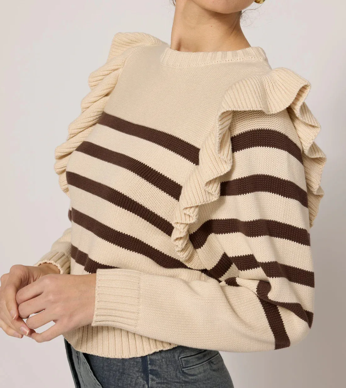 CLE Blair Ruffle Stripe Sweater in Cream & Brown