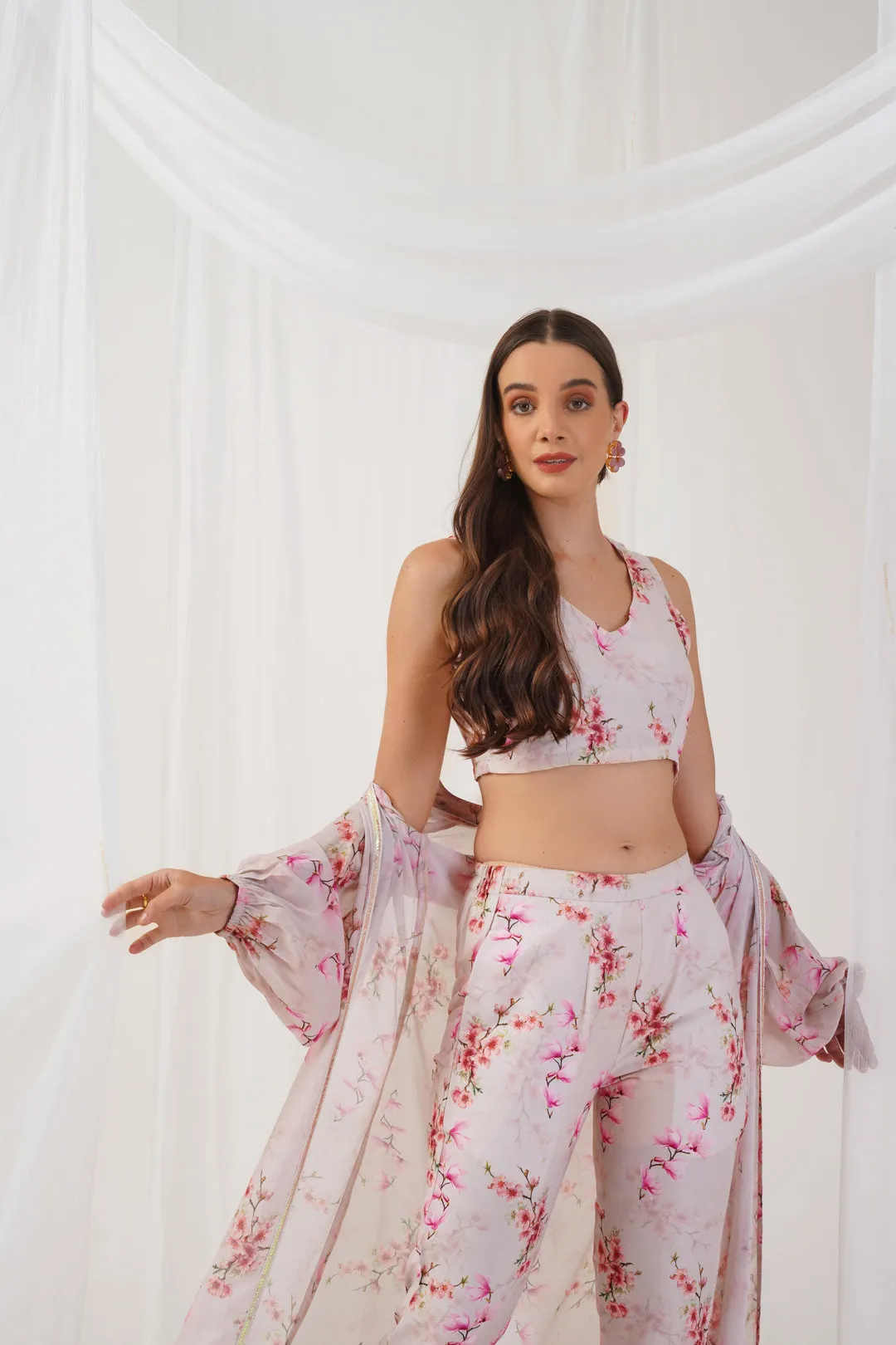 Cream Floral Printed Crop Top With Trousers & Shrug