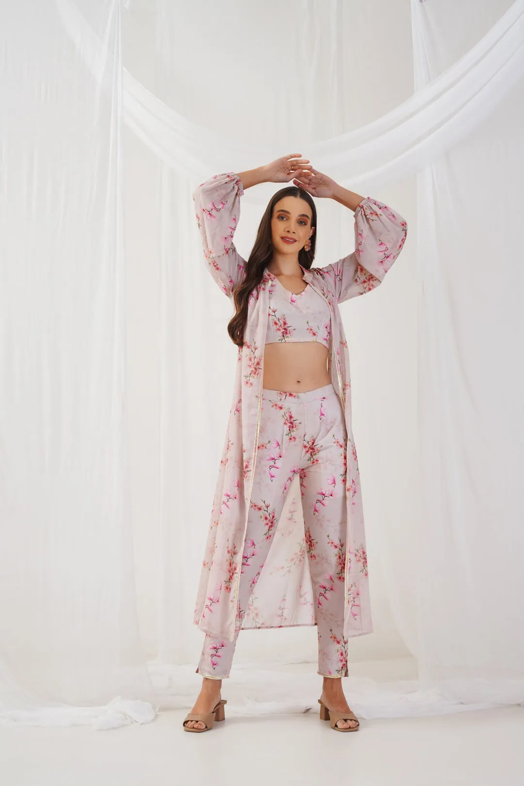 Cream Floral Printed Crop Top With Trousers & Shrug